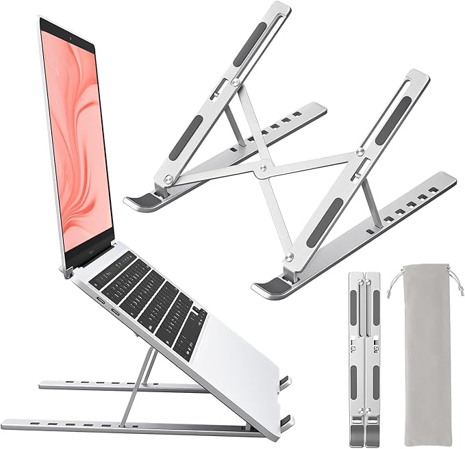 Laptop Stand for Desk, Aluminum Metal MacBook Stand，Computer Riser for Desk, Portable Foldable Adjustable Notebook Holder, Compatible with 10-15.6 Inch Laptops, iPad, Silver.