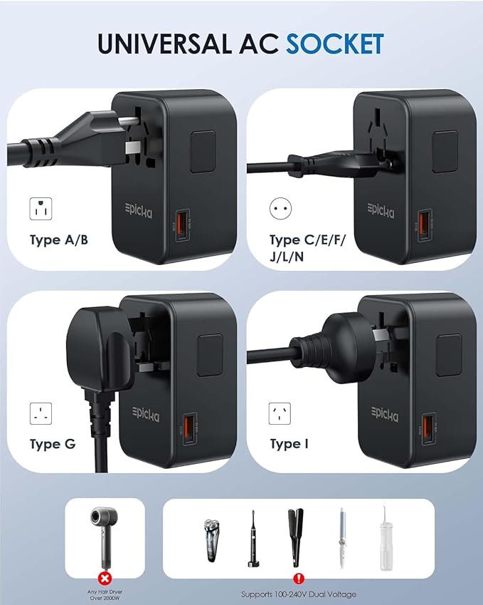 EPICKA Universal Travel Adapter, GaN 75W International Plug Adapter with 3 USB-C PD Fast Charging & 2 USB-A Quick Charging Adaptor All-in-one Wall Charger for USA EU UK AUS (TA-105 Max, Black)