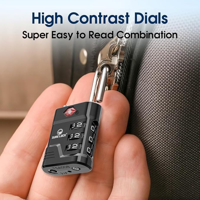 SURE LOCK TSA Locks for Luggage, TSA Approved Luggage Locks with Open Alert, 008 Key for High Security, Easy Read Dials, Zinc Alloy Body, Locker Lock for Suitcase, Gym, Travel. (Black 1 pk)