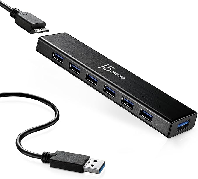 j5create 7-Port Powered USB 3.0 Data Hub with 3.3 ft Extended Cable [20W Power Adapter Included] for Mac, MacBook, Windows, Laptop, Surface, XPS, PC (JUH377)