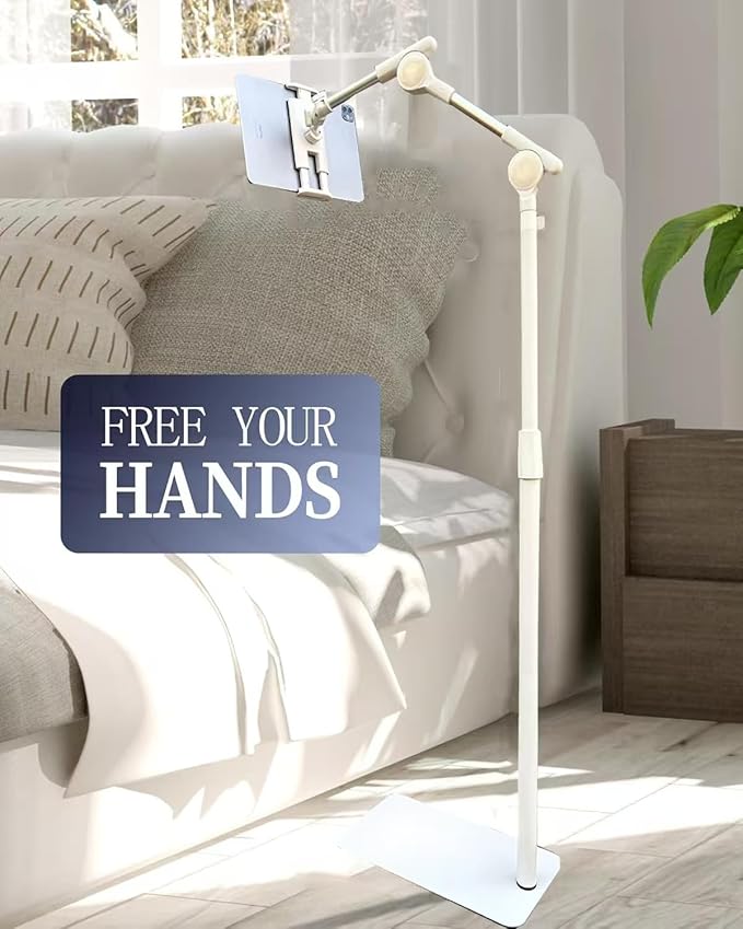 Tablet Floor Stand Holder, 360 Degree Rotating with Height Adjustable Stand Compatible with 4.7"-13" Phone/Tablet, Kindle, 63" Phone Stand, Aluminum Alloy, for Bed,Sofa,Desk（White）