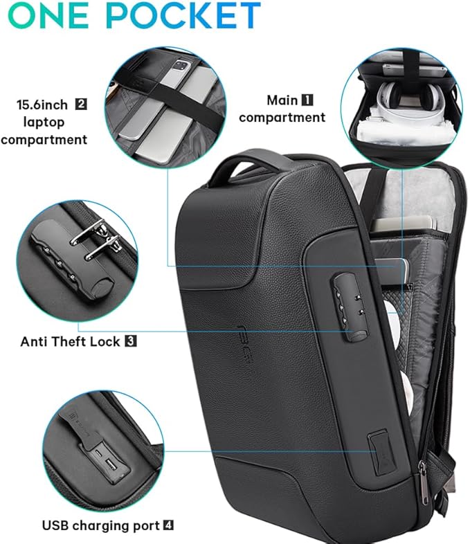 BANGE Black Genuine Leather Laptop Backpack for Men，Anti Theft Business Backpack with USB3.0 Charging Port, Smart Professional Lightweight Travel Backpacks for 15.6 Inch Laptop…