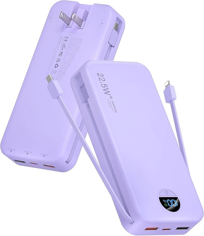 Portable Charger, 20000mAh 22.5W USB C Fast Charging Power Bank with Built-in Cables & Wall Plug, External Battery Pack with LED Display, Travel Essentials Compatible with iPhone, iPad, Samsung Purple