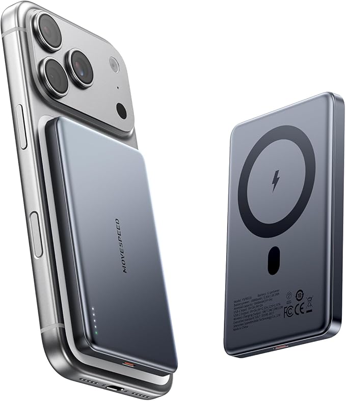 MOVE SPEED 0.5'' 10,000mAh Magnetic Power Bank, MagSafe Portable Charger iPhone 17 Air Accessories,Magsafe Battery Pack for iPhone 17 Pro Max Air/16/15/14/13/12,Travel Essential,Glacier Gray