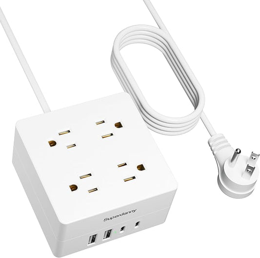 Power Strip Surge Protector - SUPERDANNY 5 Ft Extension Cord with 4 Outlets & 4 USBs, 900 Joules, Overload Switch, Grounded, Mountable, Desktop Charging Station for Home, Office, Hotel, Dorm, White