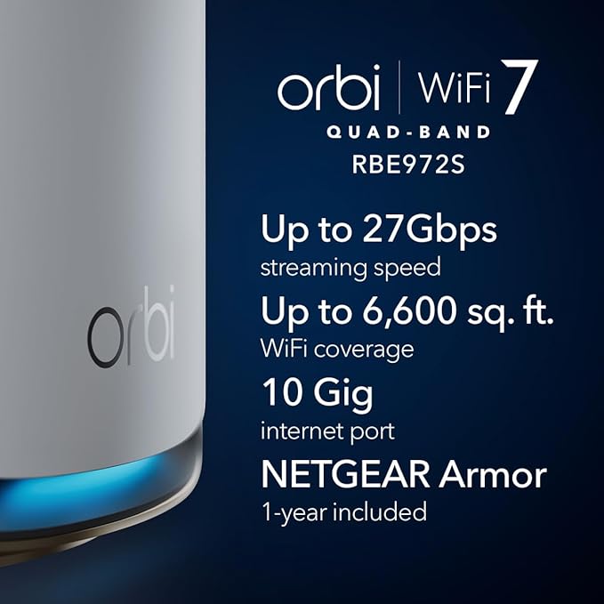 NETGEAR Orbi 970 Series Quad-Band WiFi 7 Mesh Network System (RBE972S) - Router + 1 Satellite Extender, Security Features, 27 Gbps, 6,600 sq. ft., 200 Devices, 10 Gig Internet Port – Free Expert Help