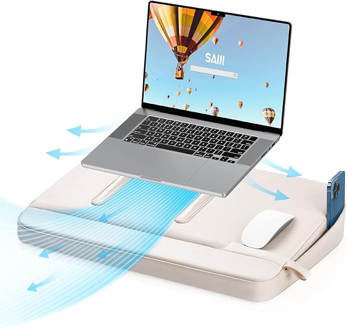 SAIJI Laptop Lap Desk with Pillow Cushion, Ultra Lightweight Portable Computer Stand Desk for Couch, Bed & Chair, Fit up to 17” Laptop & MacBook Air with Side Pocket, Rails for Airflow
