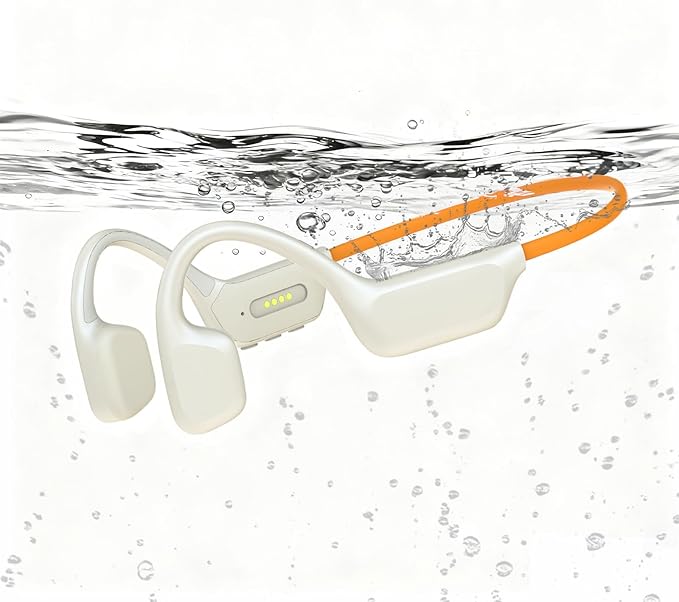 Swimming Headphones, IPX8 Waterproof Bone Conduction Headphones with Built-in MP3, Open Earphones Underwater Swim Earbuds with Bluetooth Sport Headsets for Swimming Pool Running Cycling-Beige