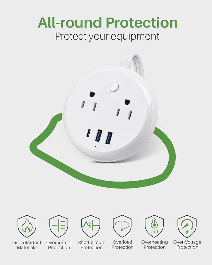 Flat Plug Power Strip with USB C Ports, KOOSLA Travel Extension Cord No Surge Protection - 2 Outlets 3 USB Ports(1250W) - Cruise Essentials for Cruise Ship, Home, Office, Dorm Room, 10ft