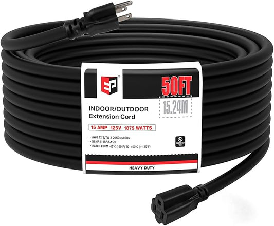 EP 50 Ft Outdoor Extension Cord - 12/3 SJTW Heavy Duty Black Extension Cable with 3 Prong Grounded Plug - Power Cord for Lawn, Garden, Appliances