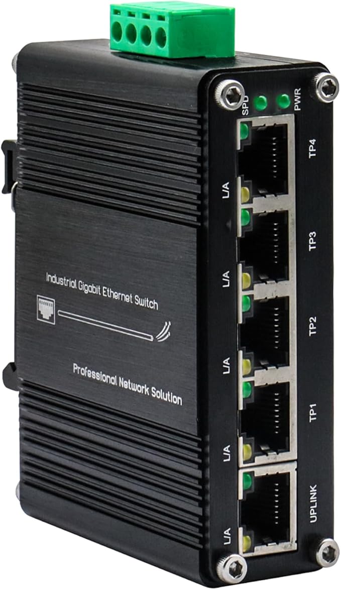 Mini 5 Port Industrial Gigabit Ethernet Switch, Unmanaged Hardened Network Switch, 12-48VDC Wide Power Input, DIN-Rail or Wall Mount, Plug and Play, Outdoor Rated, Rugged Metal Case