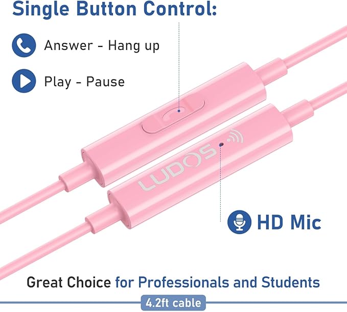 LUDOS Clamor USB C Headphones for iPhone 17 16 15 Pro Max Plus Air iPad Pro, 5 Years Warranty, USB-C Earbuds for Samsung Galaxy S24 S23 Ultra S22 S21 FE S20 A55 A54 A53, USB Type C Earphones - Pink