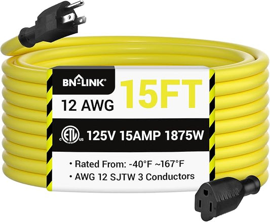 BN-LINK 15ft Outdoor Extension Cord, 12/3 SJTW Heavy Duty Power Cord, 3-Prong Grounded Plug, Weather Resistant, 15A, 1875W, Yellow, for Lawn, Garden, Appliances, ETL Listed