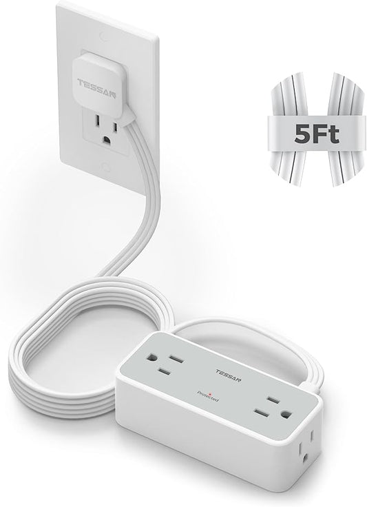 5FT Flat Extension Cord, TESSAN Surge Protector Power Strip with 4 Widely Spaced AC Outlets, 900 Joules Surge Protection, Ultra-Thin Flat Plug Desk Charging Station for Home Office Dorm Essentials