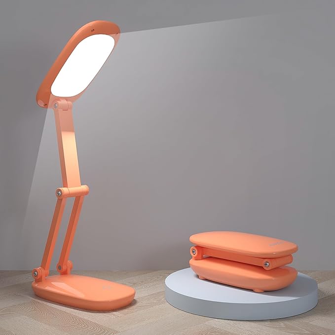 LED Desk Lamp for Office Home & Battery Operated Lamp Rechargeable Lamp Foldable & Portable Light, [2-Fold Bracket] 3 Brightness Dimmable Small Desk Lamp Wireless Reading Lamp (Orange)