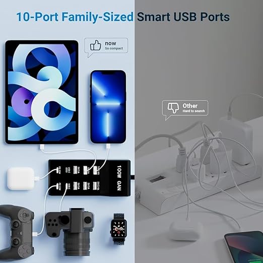 10-Port USB Charger Block - 100W6A4C Multi USB Charging Station for iPhone/iPad/Samsung Galaxy Note Tablet Android Smartphone