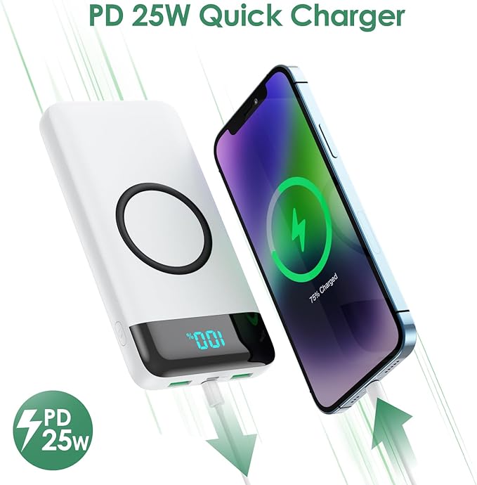 Wireless Portable Charger 30,800mAh 15W Wireless Charging 25W PD QC4.0 Fast Charging Smart LED Display USB-C Power Bank,4 Output& 2 Input External Battery Pack Compatible with iPhone,Samsung etc-White