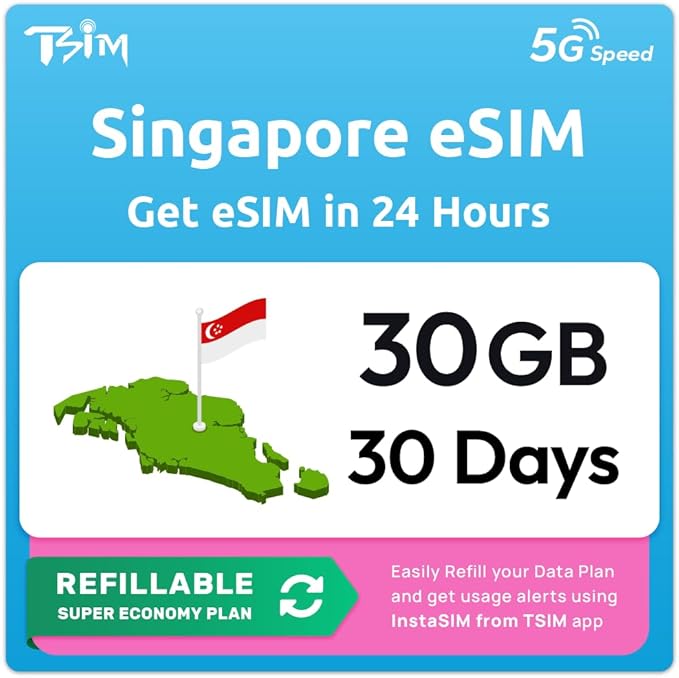 Singapore eSIM | 30GB Super Saver Refillable Plan! QR Code Sent via Email in 24Hrs - Scan & Use Immediately | Auto Activating 30 Day Validity | Hotspot Allowed | Data-Only No Phone Number