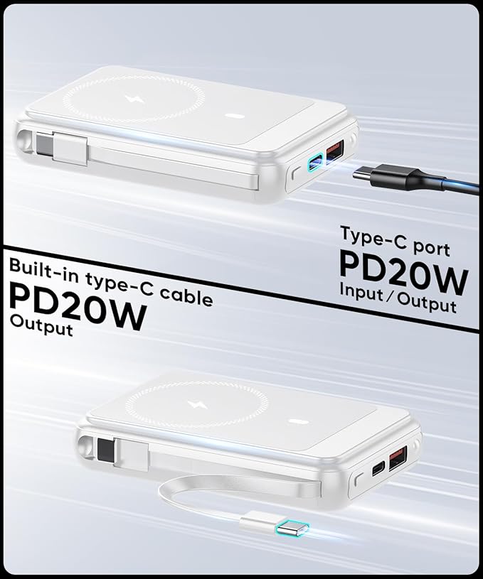 Magnetic Power Bank 12000mAh for Magsafe Portable Charger, 22.5W Fast Charger Wireless Battery Pack with Built in Cables, for iPhone 16/16 Plus/16 Pro/16 Pro Max iPhone 15/14/13/12 Series