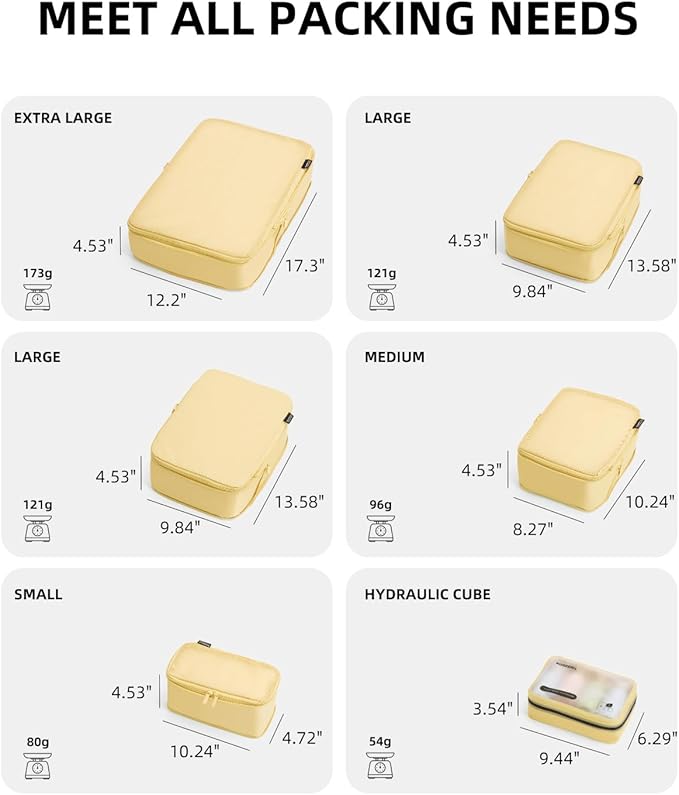 6 Set Compression Packing Cubes for Travel, Large Medium Small Luggage Organizers (Bright Yellow)