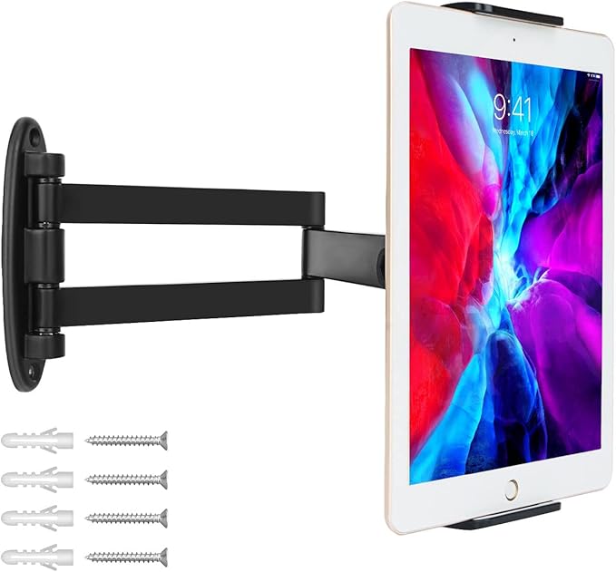 Tablet Wall Mount with Adjustable Long Arm Hinge 360° Swivel Bracket for 4.7 to 12.9 inch Tablet or Phone（Black）