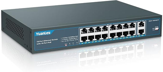 YuanLey 16 Port PoE Switch with 2 Gigabit Uplink, 16 PoE+ Port 10/100Mbps Network Switch, 802.3af/at Compliant, Durable Metal with 250W High Power, Unmanaged Plug and Play