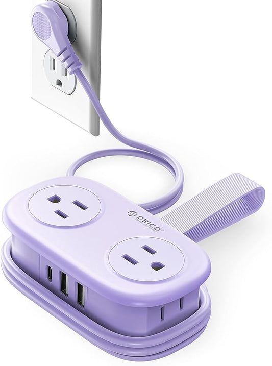 ORICO 4FT Purple Travel Power Strip with 4 AC Outlets, 2 USB-A Ports, and 1 USB-C Port, 45° Flat Plug Extension Cord with Non Surge Protector for Travel/Home/Dorm/Office-AP3