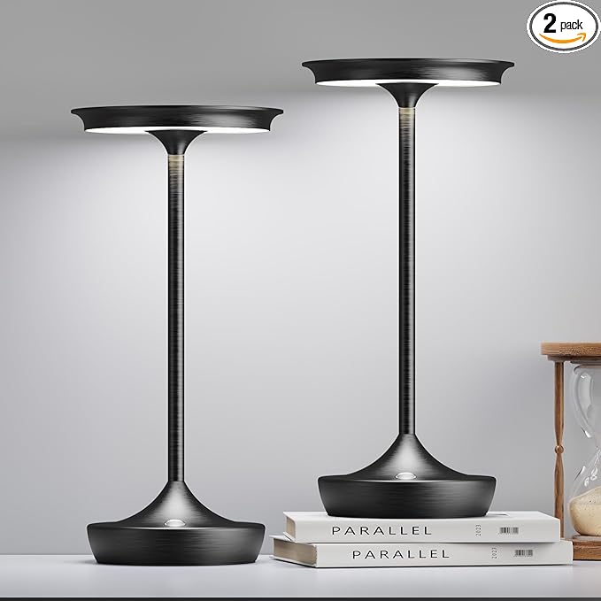 LED Cordless Table Lamps Rechargeable - Outdoor 6000mAh Battery Operated Portable Table Lights 3 Color Stepless Dimming Lamp with Memory Function for Patio Restaurant Dining 2 Pack Black