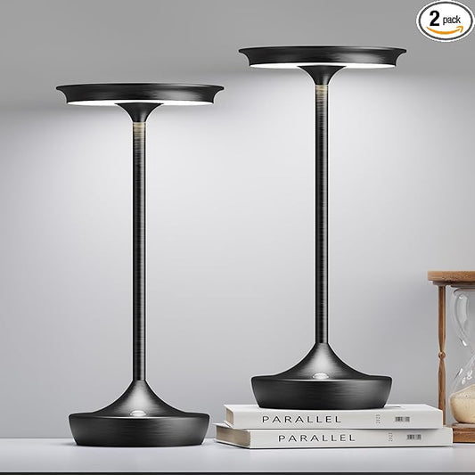 LED Cordless Table Lamps Rechargeable - Outdoor 6000mAh Battery Operated Portable Table Lights 3 Color Stepless Dimming Lamp with Memory Function for Patio Restaurant Dining 2 Pack Black