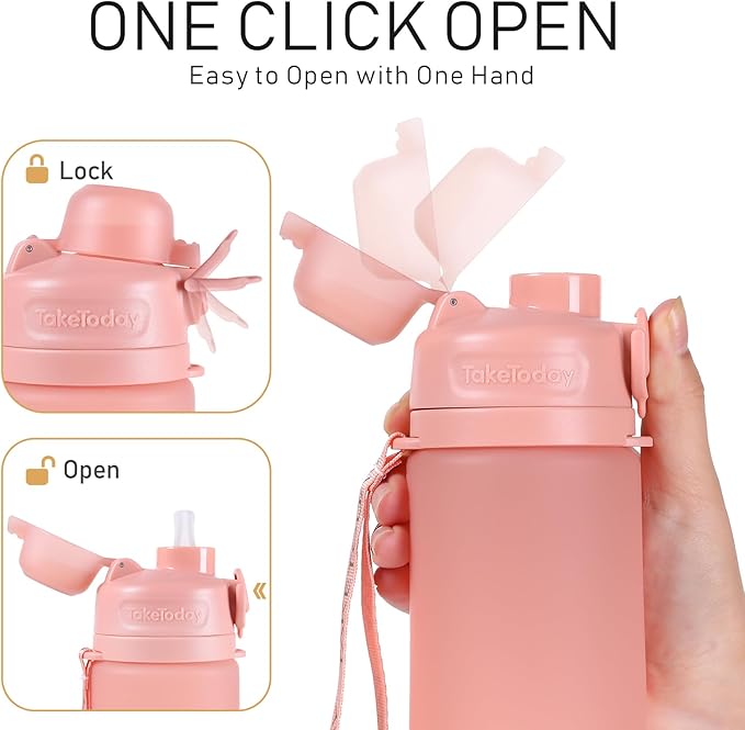 TakeToday Collapsible Water Bottles 20oz, Leak Proof, BPA-Free, Foldable Silicone Travel Water Bottle with Straw Strap for Cycling, Hiking, Outdoors