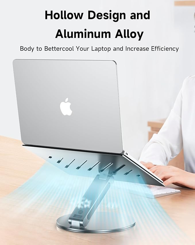 Adjustable Laptop Stand for Desk, 360° Rotating Aluminum Computer Stand with Cooling Vents, Ergonomic & Foldable Notebook Riser, Compatible with MacBook Pro Air, Dell XPS, HP 10-16″ - Gray