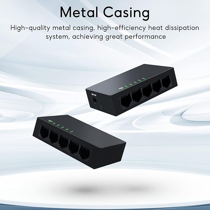 5 Port Gigabit Ethernet Switch|Mini Metal Housing Switch|Plug&Play|Fanless Design| Desktop Ethernet Splitter |Quiet Unmanaged Network Switch