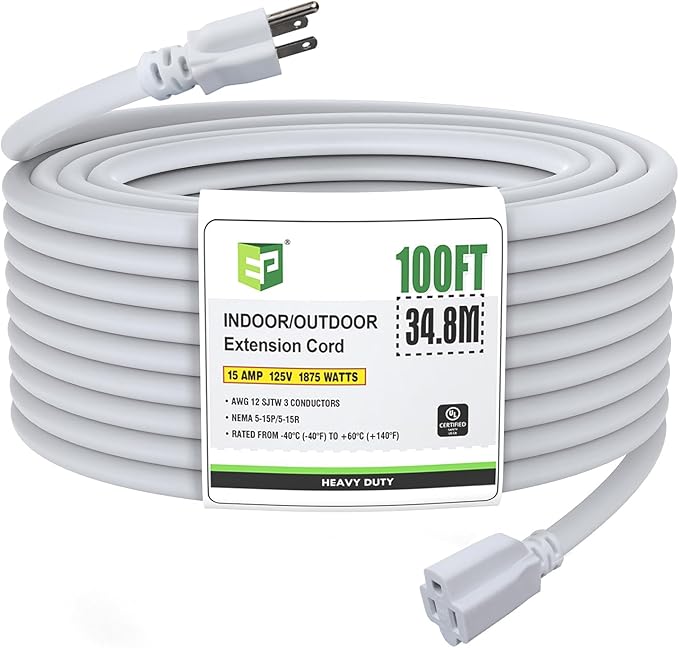 EP 100 Ft Outdoor Extension Cord, 12/3 SJTW Heavy Duty Extension Cable with 3 Prong Grounded Plug, 15 AMP Power Cord for Lawn, Garden, Appliances, White