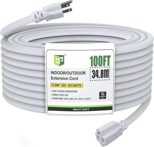EP 100 Ft Outdoor Extension Cord, 12/3 SJTW Heavy Duty Extension Cable with 3 Prong Grounded Plug, 15 AMP Power Cord for Lawn, Garden, Appliances, White