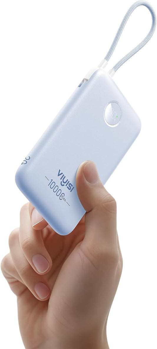 Slim Portable Charger 10000mAh, Travel Power Bank with Built-in USB-C Cable & LED Display, 22.5W Fast Charging Battery Pack Compatible with iPhone 16 15 Samsung S24 S23 -Blue