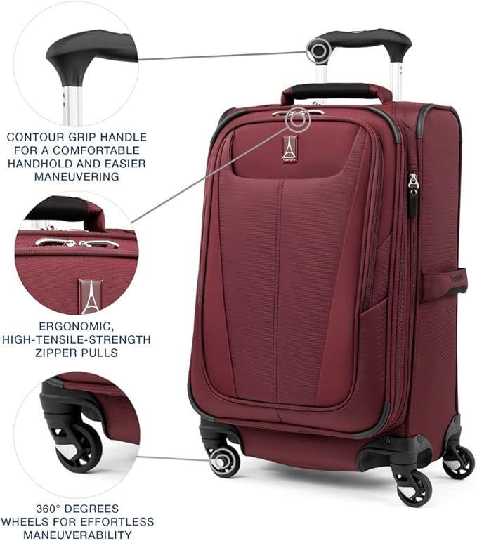 Travelpro Maxlite 5 Softside Expandable Carry on Luggage with 4 Spinner Wheels, Lightweight Suitcase, Men and Women, Burgundy, Carry On 21-Inch