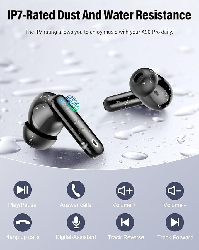 Wireless Earbuds, Bluetooth 5.4 Headphones Bass Stereo, Ear Buds with Noise Cancelling Mic, LED Display in Ear Earphones Clear Calls, IP7 Waterproof Bluetooth Earbuds for Laptop/Phones/Sports, Black