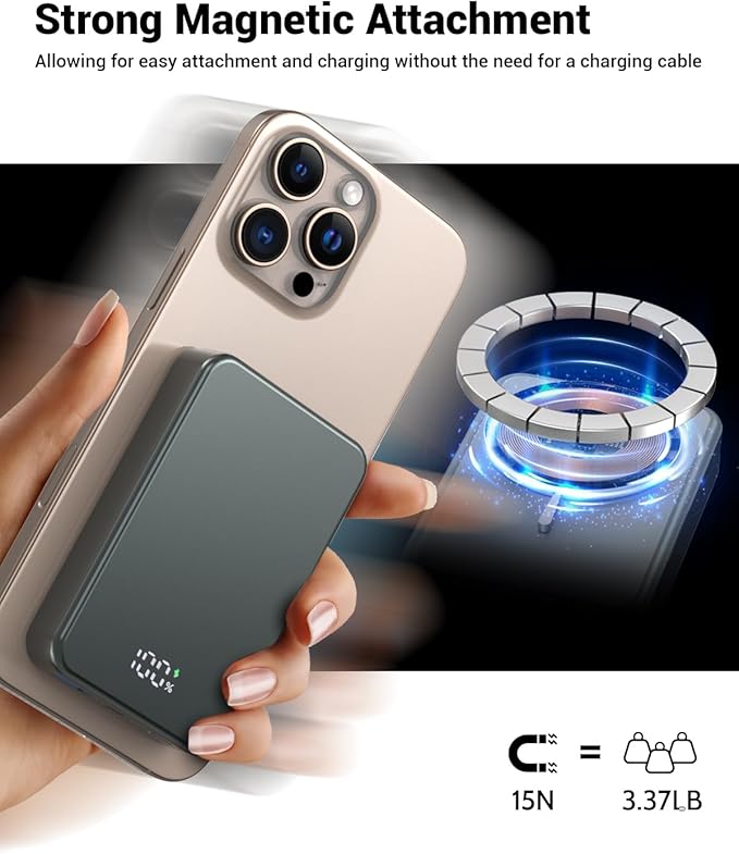 Magnetic Power Bank 26800mAh for Magsafe Portable Charger, Aluminum Alloy Large Capacity 20W USB-C in&Out Wireless Fast Charging Battery Pack for iPhone16 Plus Pro Max/15/14/13/12 Series, Silvery Gray