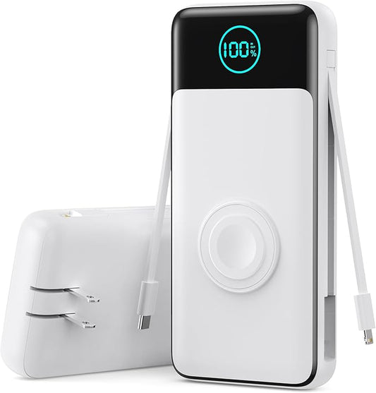 Portable Charger 26800mah for iPhone with Built-in Cables & AC Wall Plug,6-in-1 USB C Power Bank with iWatch Charger,25W PD Fast Charging Battery Pack for iPhone 16/15/14/13/12,Android,Apple Watch etc