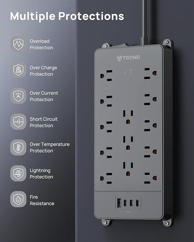 TROND 360° Rotating Flat Plug, Surge Protector Power Strip, 13AC Widely Spaced Outlets Expansion with 3 USB C Ports, 4000J, 15ft Extension Cord Heavy Duty, Wall Mount, Under Desk, ETL Listed, Black