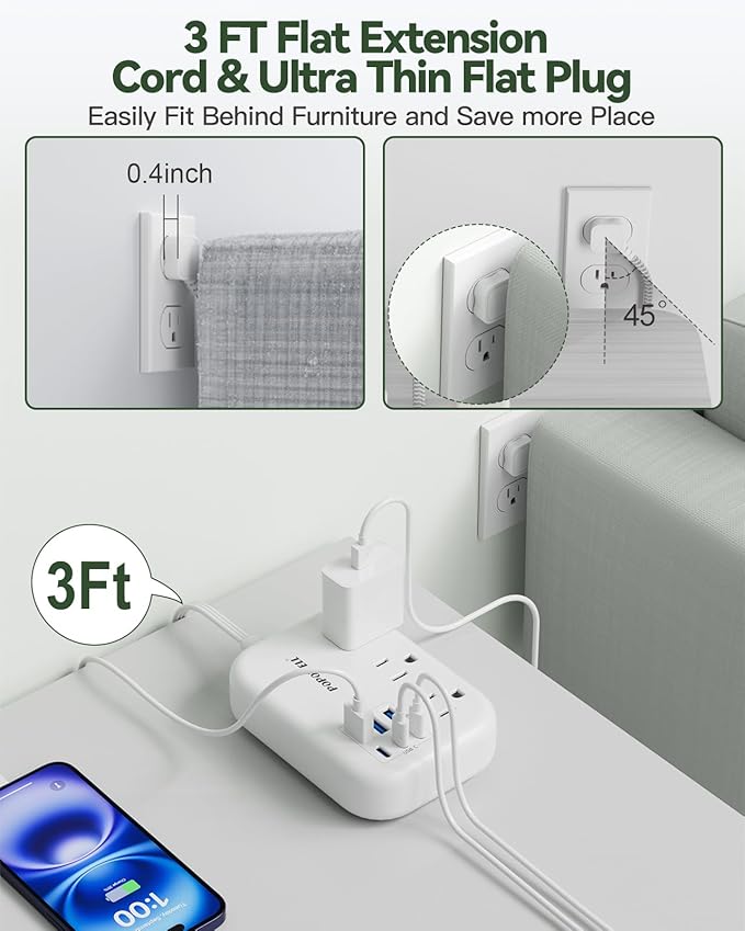 6 USB Power Strip- Travel Power Strip with 3 Outlets and 6 USB(3 USB C) 24W/4.8A Charging Ports for iPhone 15, 3 FT Small Extension Cord, Slim Flat Plug for Cruise Ship Essential, Office Dorm, White.
