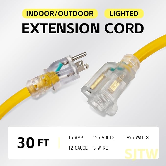 EP 30 Ft Lighted Extension Cord - 12/3 SJTW Heavy Duty Yellow Extension Cable with 3 Prong Grounded Plug - Power Cord for Lawn, Garden, Appliances
