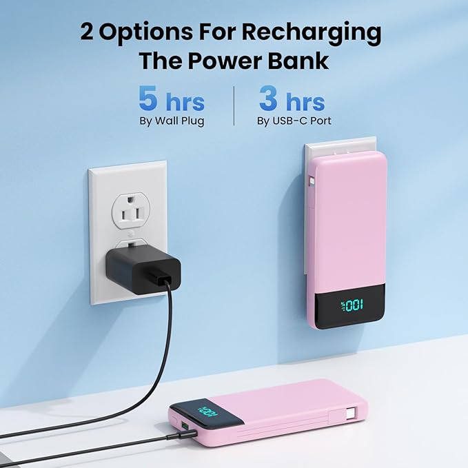 Portable Charger 13800mAh Power Bank with Built-in Cables,LCD Display Fast Charging USB C Battery Pack,4 Outputs Travel Essential Portable Phone Charger for iPhone 16/15/14/13,Android(Sakura Pink)