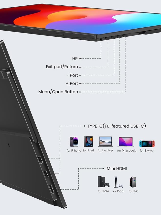 UPERFECT Portable Monitor 15.6", 125% sRGB Ultra-Slim Laptop Monitor with Protective Sleeve, Built-in Adjustment Stand | Speaker | VESA, HDMI USB-C Plug & Play Second Screen for Phone Game Console
