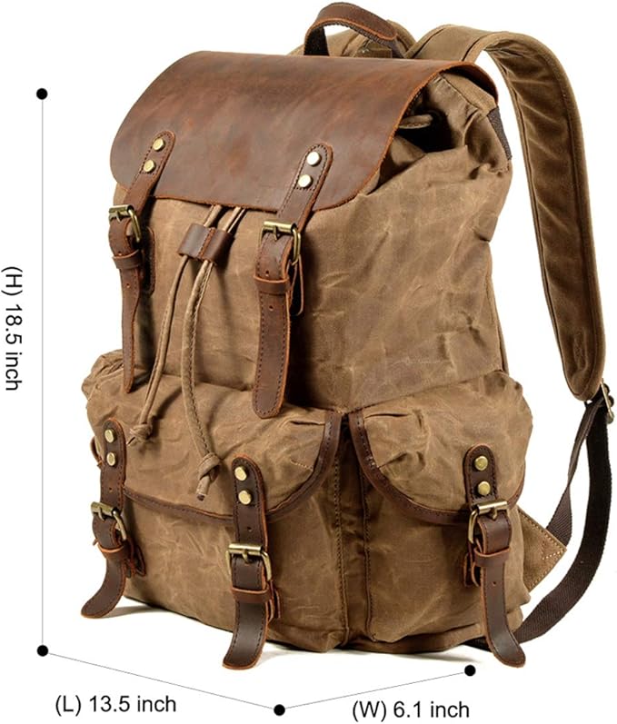 WUDON Leather Backpack for Men, Waxed Canvas Shoulder Rucksack Carry-On Travel Backpack