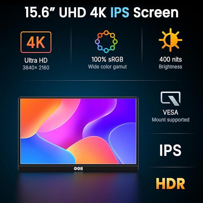 QQH 4K Portable Monitor, 15.6" IPS 3840x2160 UHD USB-C HDMI Travel Portable Monitor for Laptop, Ultra-Slim Alloy Gaming Monitor Second Display with w/Smart Cover for PC, Phone, PS5/4, Xbox, Switch