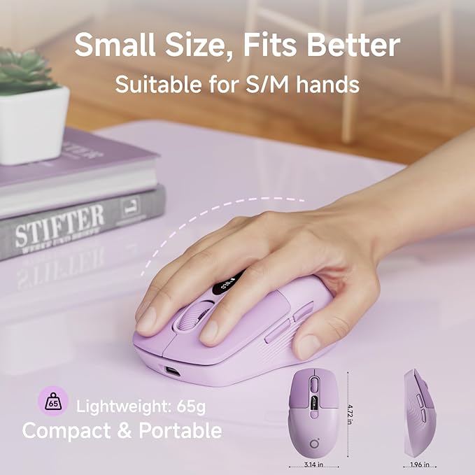 EWEADN Q1 Wireless Mouse, Bluetooth & 2.4G Silent Mouse Quiet Click with 3 DPI Levels, Battery & DPI Smart Display, 6 Button Small Portable Cordless Mice for Laptop/PC/Mac-Purple