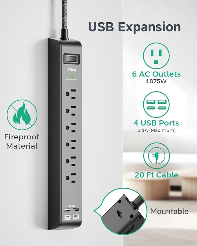 20FT Power Strip Surge Protector - 2 Pack Extension Cord with 6 Outlets 4 USB Ports, Flat Plug, 900 Joules, 15A Circuit Breaker, Wall Mount for Home Office, Dorm Essentials