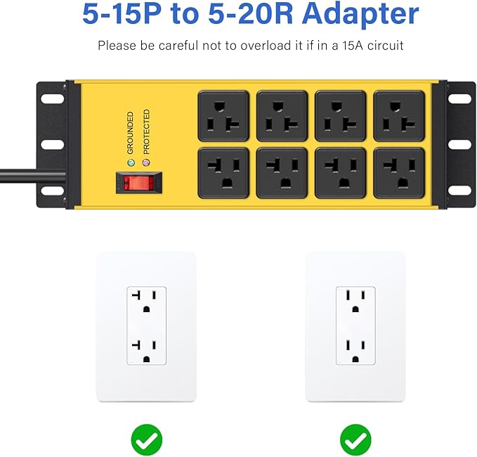 CCCEI Yellow Heavy Duty Power Strip Surge Protector 20 AMP, 8 Outlets 12 Gauge Industrial Shop Garage Metal Multiple Outlets, 4 FT Extension Cord 5-15P Adapter High Amp 6-20R T-Slot 20a for Appliance