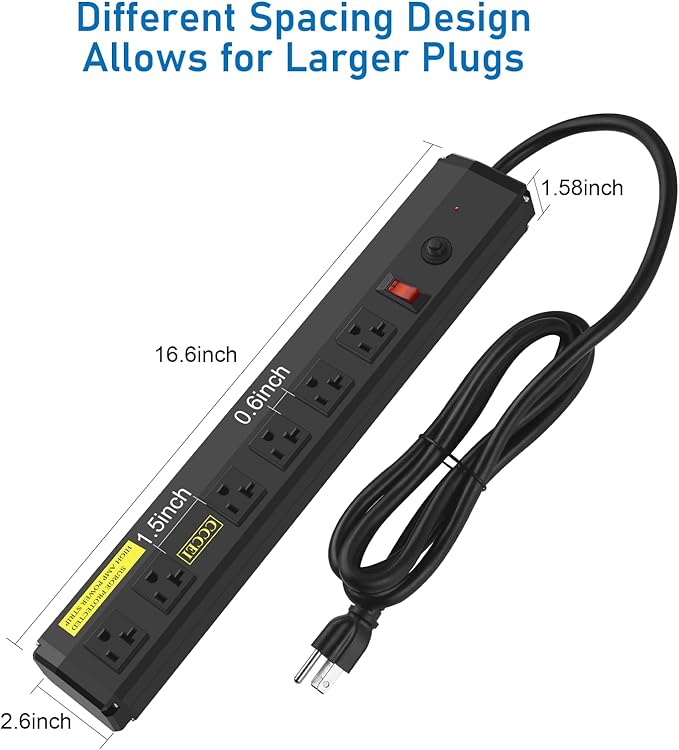 CCCEI Heavy Duty Power Strip Surge Protector 20 Amp, High Amp Industrial Shop Garage Metal Multiple Outlets, 4 FT 12 Gauge 5-15P Extension Cord 6 Outlet 6-20R T-Slot 20a for Appliance. Black.